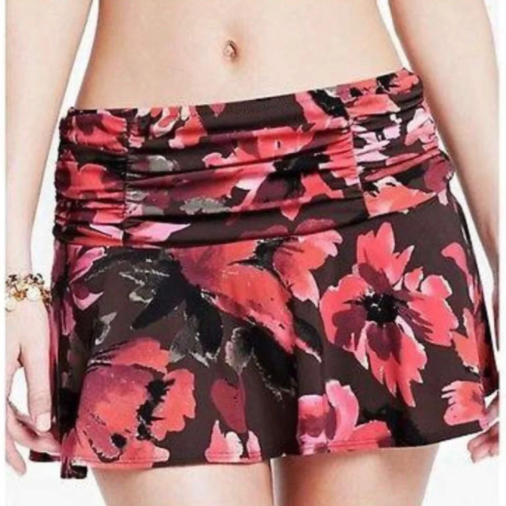 Lands End Swim Coral Pink Tankini and Brown Floral Swim Skirt 4P 4 Petite